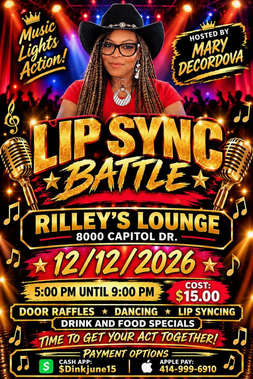 Lip Sync Battle flyer hosted by Mary Decordova at Rilley’s Lounge on December 12, 2026